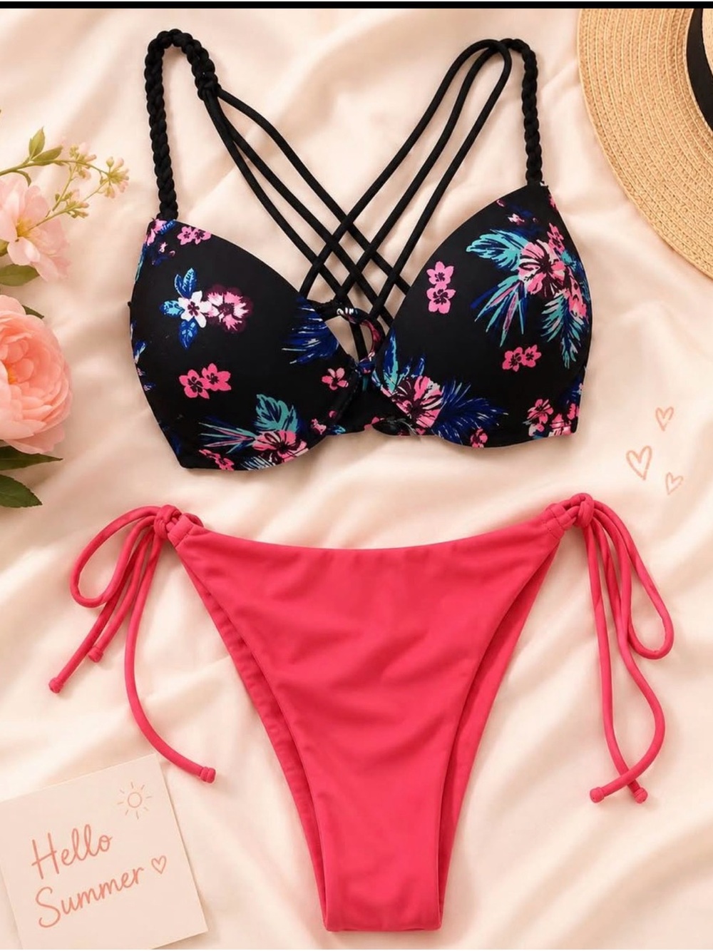 Sephora Black Floral Strappy Bikini Top with Pink Tie-Side Bottoms
